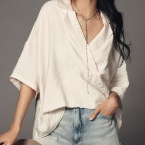 Anthropologie Ivory Drape Blouse The Dylon Short-Sleeve Wide-Placket Top